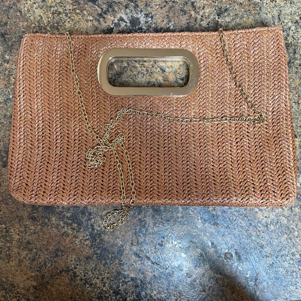 Top Handle Tan Straw Clutch